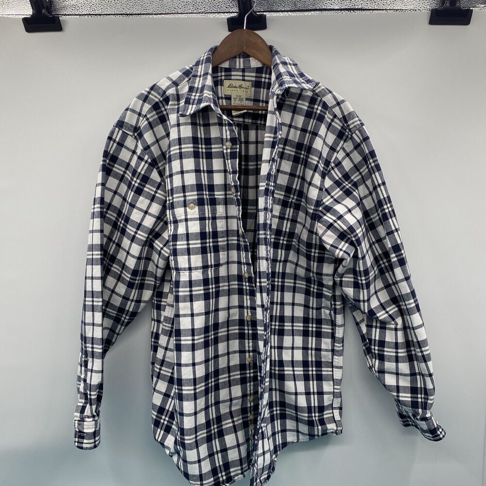 Eddie Bauer Mens Tall XL Heavy Cotton Shirt Blue Plaid Button Down